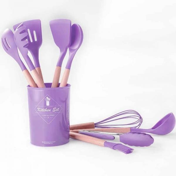 طقم ملاعق طبخ سليكون يد خشب -12 قطعة